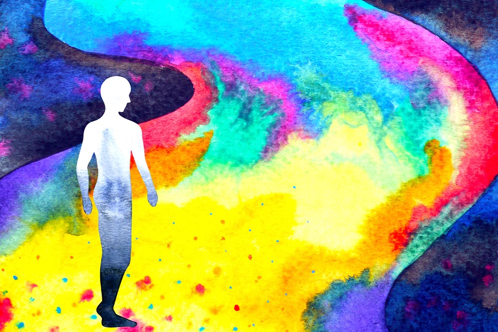 An abstract colorful watercolor painting of a figure following a path.
